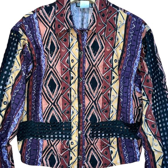 RoughRidee Vintage Western Multicolor Geometric‎ Eclectic Cut Out Button Down M - Picture 3 of 6
